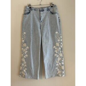Pink Lily Daisy Jeans Womens L Light Wash Floral Embroidered Wide Leg